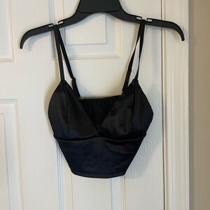 Black Satin Crop Top Adjustable Spaghetti Straps Open Back Double Lined Cups